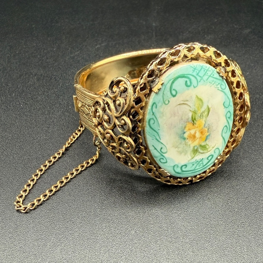 Vintage Rare 1970s Handpainted Porcelain Floral Cuff Bracelet with Safety